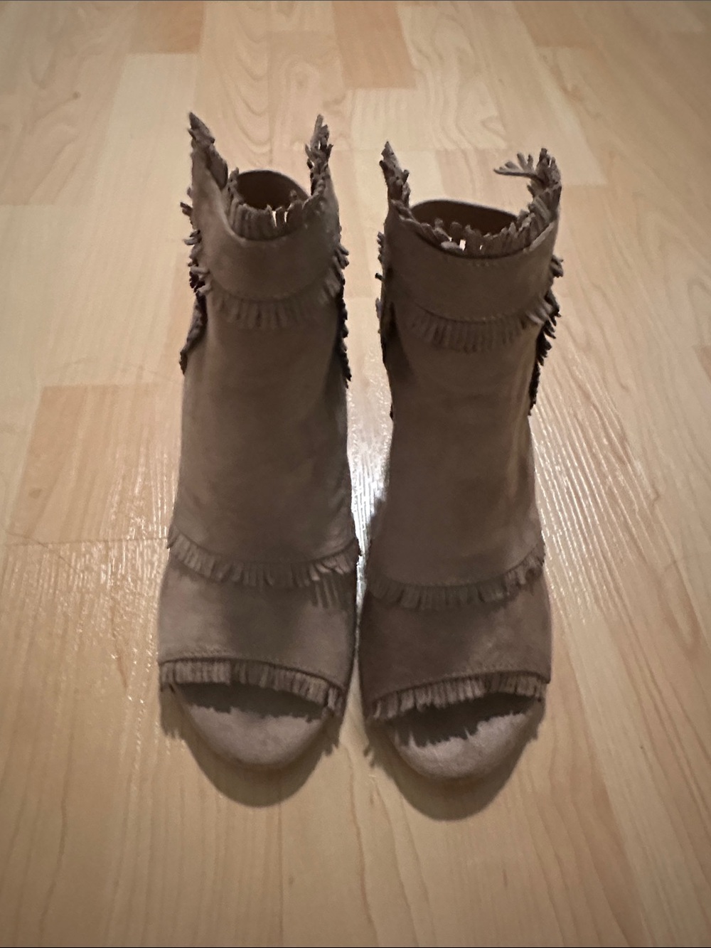 Fringed Suede Peep-Toe 3-inch chunky heels in Taupe with open sling back